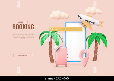 3D Urlaub. Online-Buchung. Sommerreisen. Flugzeug und Koffer rendern. Flugticket im Telefon suchen. Flugzeugtourismus. Smartphone-Anwendung. Anstecknadeln und Palmen. Vektor-Webbanner-Design Stock Vektor