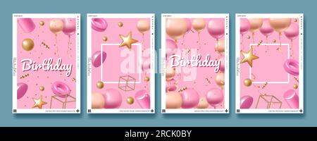 Geburtstagsballons. 3D fröhliche Ballonparty, Minimalfeier oder Sale-Rendering, valentinskarten, Ruhestand. Einladung und Begrüßung. Vertikales Banner mit Kopierbereich für Text. Hintergrund der Vektorkonstruktion Stock Vektor