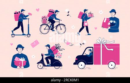 Lieferservice. Valentinsgeschenke. Kurier auf Roller oder Fahrrad. Liebe Herzen. Briefe und Blumensträuße. Lieferer auf Transport. Lieferung des Einkaufsauftrags. Geschenke liefert Vektorsatz Stock Vektor
