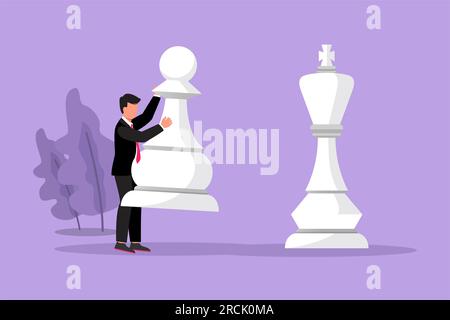 Flaches Grafikdesign, das einen Geschäftsmann mit einem Schachfigur anlockt, um das Schachspiel des Königs zu besiegen. Strategische Planung, Geschäftsentwicklungsstrategie, Taktiken in ent Stockfoto