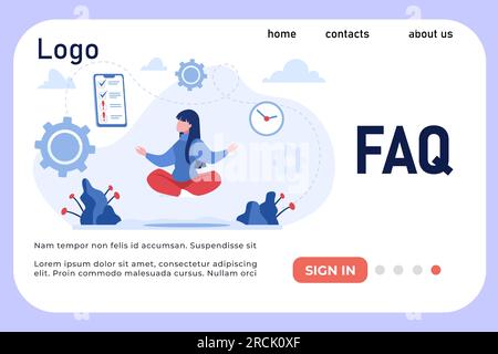 Landing-Page für Online-Meetings. UI-Design der FAQ-Website. Frau plant Zeit und Zeitplan. Kundensupport. Häufig gestellte Fragen. Hilfe für Kunden. Effizientes Management. Vector-Webbanner-Vorlage Stock Vektor