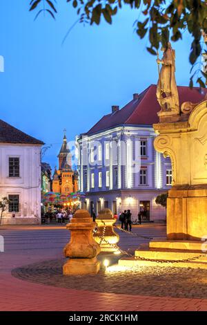 Nachtszene in Piata Libertatii (Freiheitsplatz) in Timisoara, Rumänien, mit Blick auf die Alba Iulia Straße in Richtung der orthodoxen Kathedrale. Stockfoto