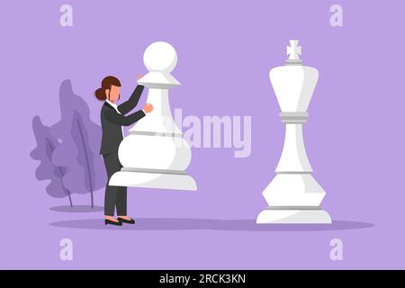 Eine Zeichentrickfigur im flachen Stil, eine Geschäftsfrau, die Schachfiguren hält, um Königschach zu schlagen. Strategische Planung, Geschäftsentwicklungsstrategie, Taktiken in en Stockfoto