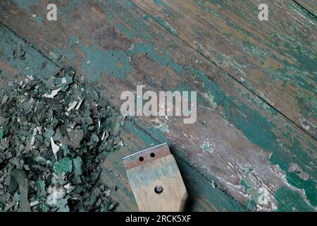 Abkratzen alter, sich abblätternder Farbe mit einem Handschaber von einem breiten Holzboden. Stockfoto