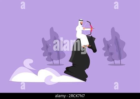 Flaches Grafikdesign, das einen präzisen arabischen Geschäftsmann zeichnet, der beim Schachspiel ein Ziel im Bogenschießen hält, strategischer Wettkampf. Erfolgsbus Stockfoto