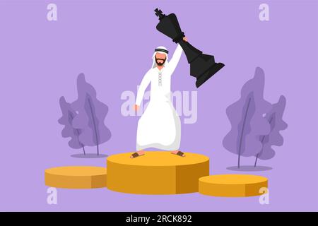 Cartoon-Figur, die einen glücklichen arabischen Geschäftsmann zeichnet, der ein King-Schachstück hält und hebt. Erfolgreiche Unternehmensstrategie, Überlegenheit in der Wirtschaft. Wi Stockfoto
