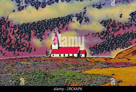 Red Roof Reyniskirkja Kirche auf dem Hügel in Vik Iceland Stockfoto