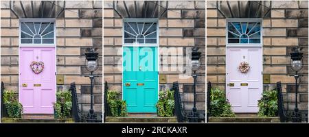 Miranda Dicksons umstrittene georgianische New Town bunt bemalte Tür im Jahr 2023; leuchtend rosa, grün, blassrosa, Edinburgh, Schottland, Großbritannien Stockfoto