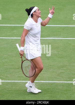 London, Großbritannien. 15. Juli 2023. Tunesian Ons Jabeur zeigt in ihrem Finalspiel der Frauen gegen die tschechische Marketa Vondrousova bei der Wimbledon-Meisterschaft 2023 in London am Samstag, den 15. Juli 2023. Vondrousova gewann das Spiel 6-4, 6-4. Foto: Hugo Philpott/UPI Credit: UPI/Alamy Live News Stockfoto