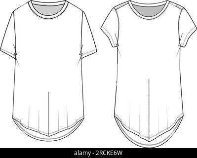 Modischer Rundhalsausschnitt vorne V-förmiger Saum mit Ziernaht Oberteil T-Shirt technische Zeichnung flache Skizze Stock Vektor