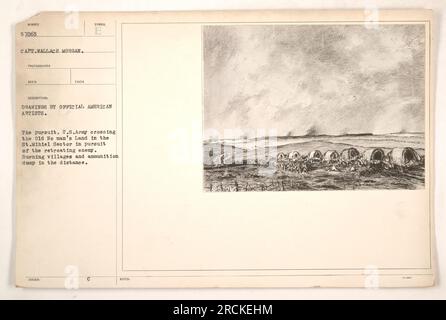 Die Verfolgung: USA Armeetruppen, die über das alte Niemandsland in St. vorrücken Mihiel-Sektor im 1. Weltkrieg Bei der Verfolgung des zurückziehenden Feindes können die Truppen die zerstörte Landschaft überqueren sehen. In der Ferne können brennende Dörfer und ein Munitionslager beobachtet werden." Stockfoto