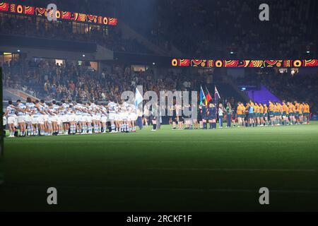 Sydney, Australien. 15. Juli 2023; CommBank Stadium, Sydney, Australien: Die eToro Rugby Championship Australien gegen Argentinien; Teams stellen sich für die nationalen Thems auf Credit: Action Plus Sports Images/Alamy Live News Stockfoto