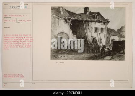 Bildunterschrift: Eine Straße hinter der Front in Badonviller, die ein beschädigtes Haus zeigt, das durch Holzauflagen in die Straße gestürzt wurde. Gezeichnet von Captain J. Andre Smith. Foto aufgenommen von Sergeant Simon Warolin, S.C., am 2. Januar 1919. Bild Nummer 33279 aus der Sammlung „Fotos der amerikanischen Militäraktivitäten während des Ersten Weltkriegs“. Nicht zur Veröffentlichung, nur zur amtlichen Verwendung. Stockfoto