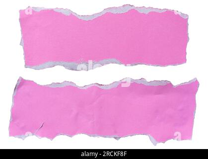 Zwei Stücke rosafarbenes Papier zur Verwendung als Textfeld auf weißem Hintergrund mit Beschneidungspfad Stockfoto