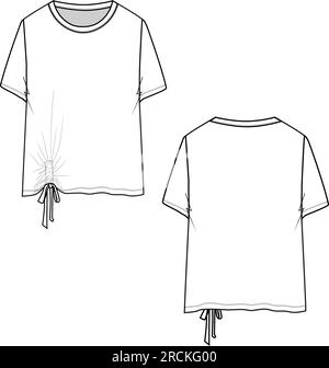 Modischer Rundhalsausschnitt vorne seitlicher Saum geknotet Oberteil technische Zeichnung flache Skizzen Designvektor Stock Vektor