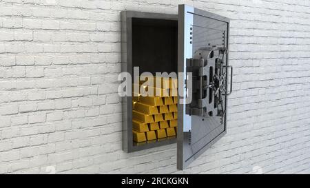 Ein offener Safe mit goldenen Riegeln in einer Rutsche. 3D-Rendern Stockfoto