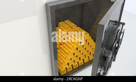 Ein offener Safe mit goldenen Riegeln in einer Rutsche. 3D-Rendern Stockfoto