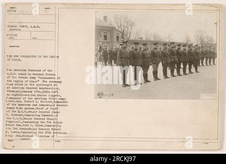 Zehn amerikanische Generäle der A.E.F. wurden von Marschall Petain von der französischen Armee zum Befehlshaber der Ehrenlegion ernannt. Die Zeremonie fand am 14. Januar 1919 im Hauptquartier der amerikanischen Regierung in Chaumont statt. Von links nach rechts ist Lieut abgebildet. General Hunter Liggett, Lieut. Generalleutnant Robert L. Bullard, Generalleutnant James W. McAndrew, Generalleutnant James G. Harbord, Generalleutnant Chas. F. Summerall, Generalmajor John L. Hines, Generalmajor Edward M. Lewis und Brigg. General Michael J. Lenihan. Stockfoto