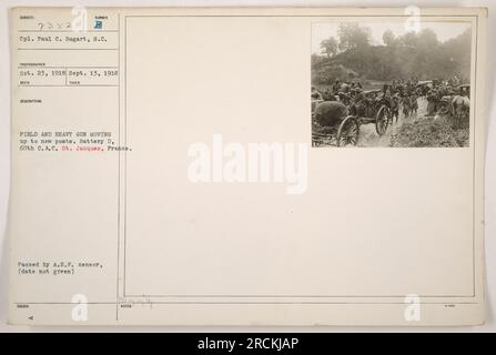 Bildunterschrift: "CPL. Paul C. Bogart von Battery D, 60. C.A.C., hat am 23. Oktober 1918 ein Foto aufgenommen, auf dem eine schwere Waffe gezeigt wird, die zu neuen Außenposten in St. Jacques, Frankreich im Ersten Weltkrieg. Das Bild wurde vom A.E.F.-Zensor gelöscht. Stockfoto