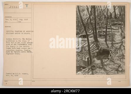 Ein amerikanischer Militärkünstler in Frankreich nimmt deutsche Unterkünfte und Positionen auf dem Hang von Hill 204 entlang der Paris-Metz-Straße ein. Auf dem Foto ist eine Ausgrabungsstätte zu sehen, die als Telefonstation fungiert. Die Zeichnung wurde von Captain Andre Smith vom Ingenieurskorps gemacht und am 30. November 1918 vom M.I.D.-Zensor angenommen. Stockfoto