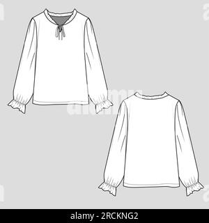 Modische Rüschen Knoten Kragen lange Ärmel Sammelsaum T-Shirt Bluse Top Technical Drawing Vorlage für flaches Skizzieren Vektordesign Stock Vektor