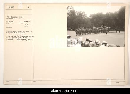 Die Abbildung zeigt die 4. Brigade der USA Marines auf Parade mit Kompanie A, 6. Regiment Marine Corps in Washington, D.C. Sie passieren das Gelände des Weißen Hauses. Das Foto wurde am 15. August 1919 von Sergeant Bonner gemacht. Es wurde mit dem Symbol A H gekennzeichnet und am 18. August 1919 ausgestellt. Stockfoto