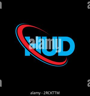 HUD-Logo. HUD-Brief. Logo mit HUD-Buchstaben. Initialen HUD-Logo verbunden mit Kreis und Monogramm-Logo in Großbuchstaben. HUD-Typografie für Technologie, Geschäfte Stock Vektor