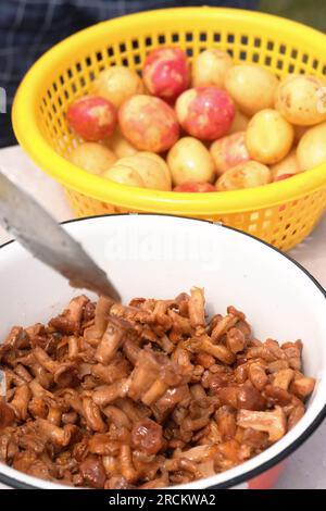 Sautierte Pilze und Kartoffeln zum Kochen. Kartoffeln mit Pfifferlingen, Rezept. Nahaufnahme. Stockfoto