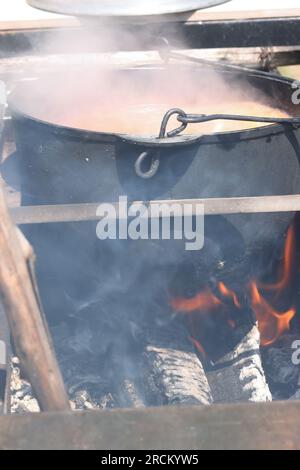 Gusseiserner Kessel mit Deckel. Auf einem offenen Feuer stehen. Brennholz brennt, Rauch kommt. Stockfoto