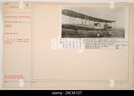 Sachliche Beschreibung: 'Dieses Foto, aufgenommen am 29. Juli 1918, zeigt einen F.E. 2B (Farman Experimental 23) Nachtbomber, ein britisches Flugzeug, das während des Ersten Weltkriegs verwendet wurde. Er verfügt über einen offenen Rumpf und einen Flügelbereich von 47 Fuß. 9 in. Der Motor ist ein Beardmore mit 160 PS und ermöglicht eine Lebensdauer von 3 Stunden. 30 Min Das Flugzeug kann bis auf 6.500 Fuß steigen. In 18 Min. 54 Sek. Und hat eine Decke von 11.000 Fuß. Er ist mit einer Waffe ausgestattet und kann bis zu 330 kg Bomben tragen." Stockfoto