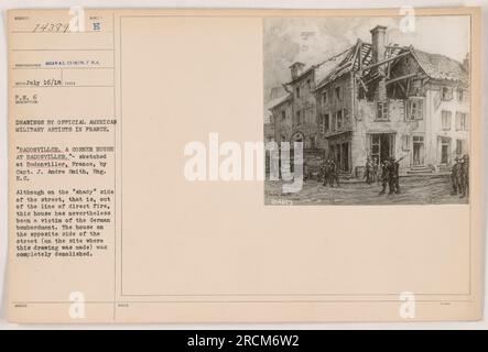 Dieses Foto wurde am 16. Juli 1918 vom Signalkorps aufgenommen und zeigt eine Zeichnung namens „A Corner House at Badonviller“. Die Skizze wurde von Captain J. Andre Smith gemacht, einem offiziellen amerikanischen Militärkünstler in Frankreich im Ersten Weltkrieg Das Haus, obwohl nicht direkt in der Schusslinie, wurde durch deutsche Bombardierungen beschädigt. Das Haus auf der anderen Straßenseite, wo die Zeichnung gemacht wurde, wurde komplett zerstört. Dieses Bild zeigt die Zerstörung, die durch den Krieg verursacht wurde. Stockfoto