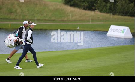 Nelly Korda am zweiten Tag der Aramco Team Series 2023 im Centurion Club, Hertfordshire. Bilddatum: Samstag, 15. Juli 2023. Stockfoto