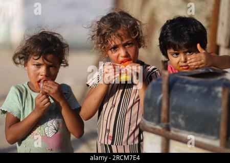 15. Juli 2023, Gazastreifen, Gazastreifen, Palästina: Verteilung von Eiscreme an Kinder aus armen Stadtvierteln im Gazastreifen. (Kreditbild: © Doaa Albaz/Quds Net News via ZUMA Press Wire) NUR REDAKTIONELLE VERWENDUNG! Nicht für den kommerziellen GEBRAUCH! Stockfoto