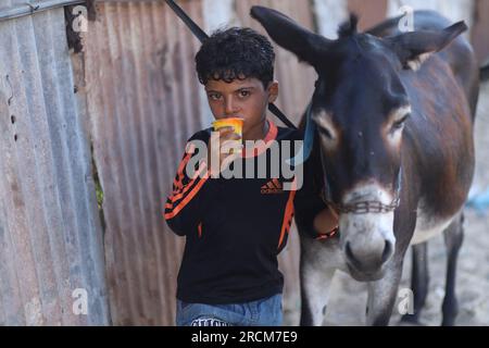 15. Juli 2023, Gazastreifen, Gazastreifen, Palästina: Verteilung von Eiscreme an Kinder aus armen Stadtvierteln im Gazastreifen. (Kreditbild: © Doaa Albaz/Quds Net News via ZUMA Press Wire) NUR REDAKTIONELLE VERWENDUNG! Nicht für den kommerziellen GEBRAUCH! Stockfoto