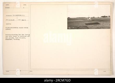 Mitglieder des Transcontinental Motor Truck Convoy nehmen an Broncho-Bull-Aktivitäten auf dem Messegelände in Cheyenne, Wyoming, Teil. Auf diesem Foto von Lieutenant Jackson kann ein wildes Pferd vom Boden aus gesehen werden, während es gezähmt wird. Das Bild trägt die Nummer 62191 mit den angegebenen Referenzdaten und Hinweisen. Stockfoto