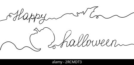 Frohes Halloween. Eine Zeile. Einzeiliger kontinuierlicher Text Kontur Vektorgrafiken Illustration, Happy Halloween Text und Fledermaus, Kürbis Stock Vektor
