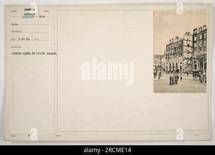 Straßenszene in Lille, Frankreich während des Ersten Weltkriegs. Dieses Foto wurde vom Sumber-G-24-Fotografen am 12. Mai 1919 aufgenommen. Er erfasst eine typische Landschaft der Stadt mit Gebäuden und Straßen. Die Notizen des Fotografen zeigen an, dass das Bild für 750 $ aufgenommen wurde. Stockfoto