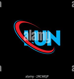 LUN-Logo. LUN-Buchstabe. LUN-Logo. Initialen LUN-Logo, verbunden mit einem Kreis und einem Monogramm-Logo in Großbuchstaben. LUN-Typografie für Technologie, Geschäfte Stock Vektor