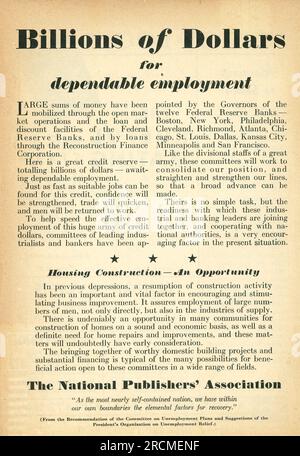 National Publishers' Association - Milliarden Dollar für verlässliche Beschäftigung in einer Zeitschrift vom August 1932. Arbeitslosenplan während der Depression Stockfoto