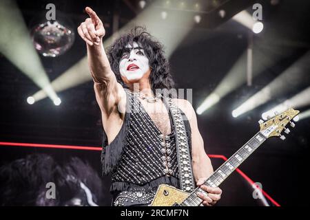 Paul Stanley of Kiss tritt am 15. Juli 2023 live auf ihrem letzten europäischen Konzert in Tonsberg, Norwegen, auf Stockfoto