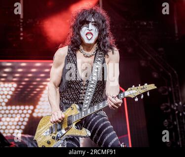 Paul Stanley of Kiss tritt am 15. Juli 2023 live auf ihrem letzten europäischen Konzert in Tonsberg, Norwegen, auf Stockfoto