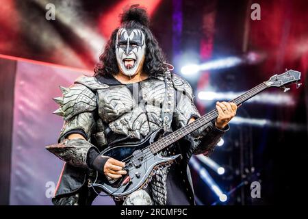 Kiss tritt live auf ihrem letzten europäischen Konzert in Tonsberg, Norwegen, am 15. Juli 2023 auf Stockfoto