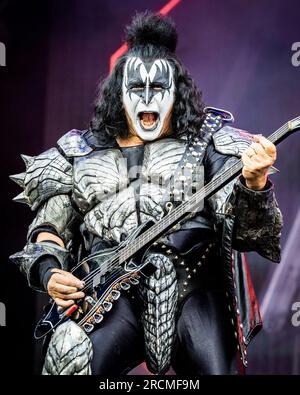 Kiss tritt live auf ihrem letzten europäischen Konzert in Tonsberg, Norwegen, am 15. Juli 2023 auf Stockfoto