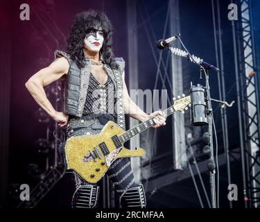 Paul Stanley of Kiss tritt am 15. Juli 2023 live auf ihrem letzten europäischen Konzert in Tonsberg, Norwegen, auf Stockfoto