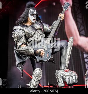 Kiss tritt live auf ihrem letzten europäischen Konzert in Tonsberg, Norwegen, am 15. Juli 2023 auf Stockfoto