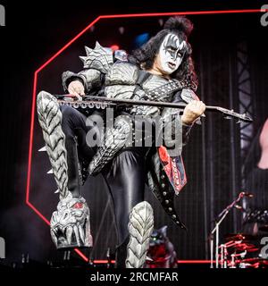 Kiss tritt live auf ihrem letzten europäischen Konzert in Tonsberg, Norwegen, am 15. Juli 2023 auf Stockfoto