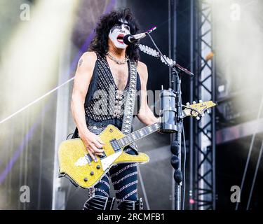 Paul Stanley of Kiss tritt am 15. Juli 2023 live auf ihrem letzten europäischen Konzert in Tonsberg, Norwegen, auf Stockfoto