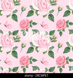 Nahtloses Blumenmuster mit pinkfarbenen Rosenblumen. Botanische, farbenfrohe Illustration im Vintage-Stil vor einem isolierten Hintergrund. Handgezeichneter Hintergrund für Umhüllung Stockfoto