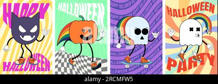 Retro-groovy Happy Halloween-Party-Poster-Set. Abgefahrene Kürbis-, Schädel-, Fledermaus- und Geisterfeierfiguren auf einem verrückten Hippie-Plakat. Abstrakter psychedelischer Hippie-Aufdruck. Trendiges design aus den Y2K Jahren Stock Vektor