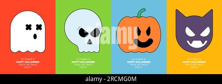 „Happy Halloween“-Posterset mit geometrischen Figuren. Feiertagsveranstaltung im Oktober 31. Kürbis, Schädel, Fledermaus und Geister minimalistische Maskottchen auf farbenfrohem Cover. Trendiger Vektordruck Stock Vektor
